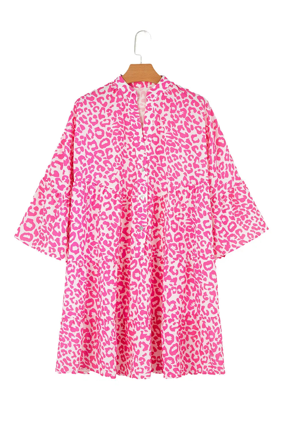 Bright Pink Leopard Printed Long Sleeve Buttoned Front Mini Dress - eAura