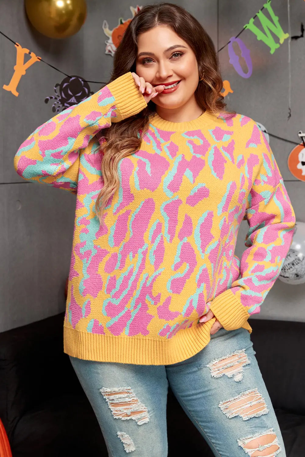 Bright Pink Plus Size Leopard Ribbed Trim Sweater Beagle Boutique Fashion Outlet