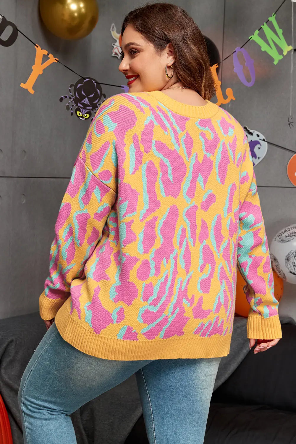 Bright Pink Plus Size Leopard Ribbed Trim Sweater Beagle Boutique Fashion Outlet