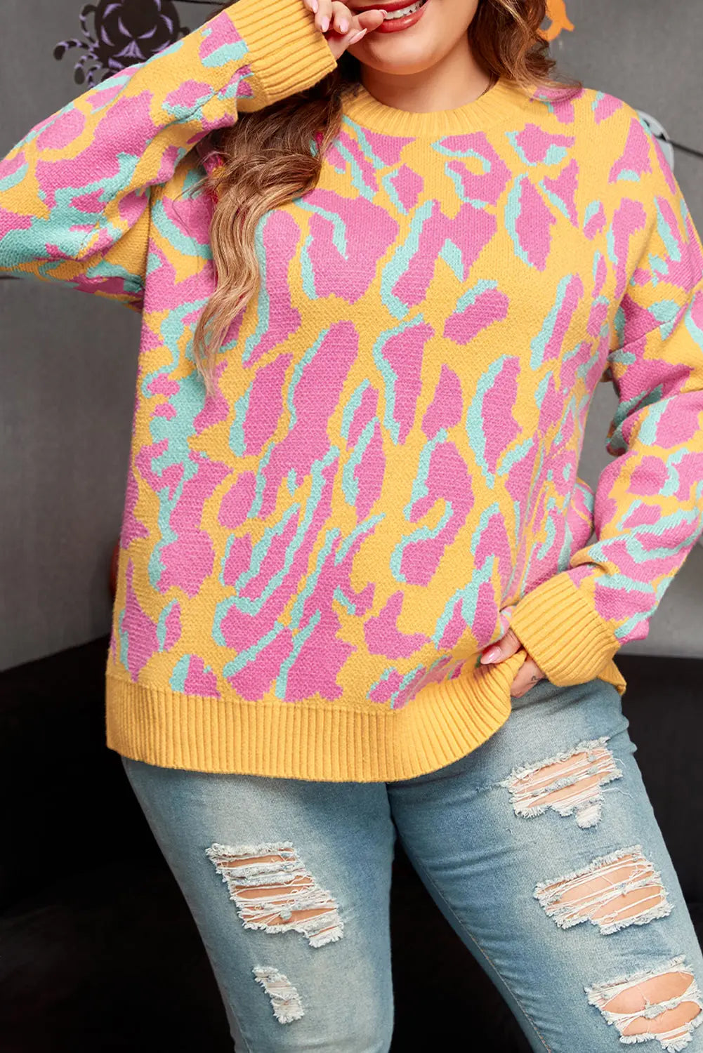 Bright Pink Plus Size Leopard Ribbed Trim Sweater Beagle Boutique Fashion Outlet