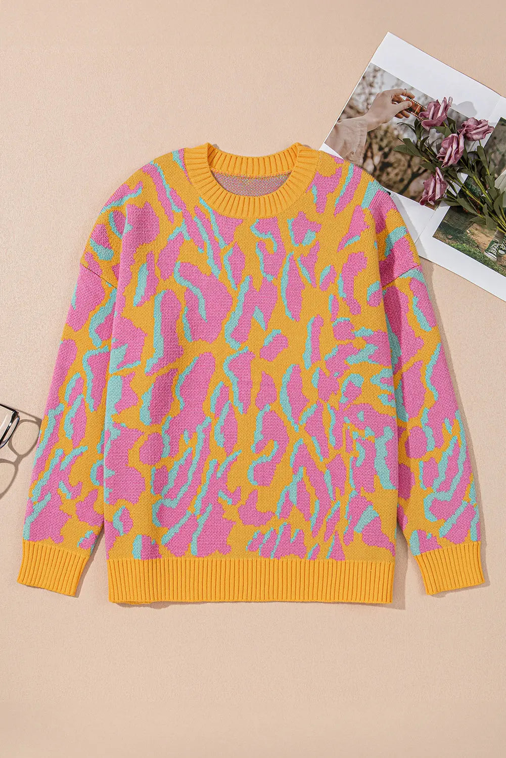 Bright Pink Plus Size Leopard Ribbed Trim Sweater Beagle Boutique Fashion Outlet
