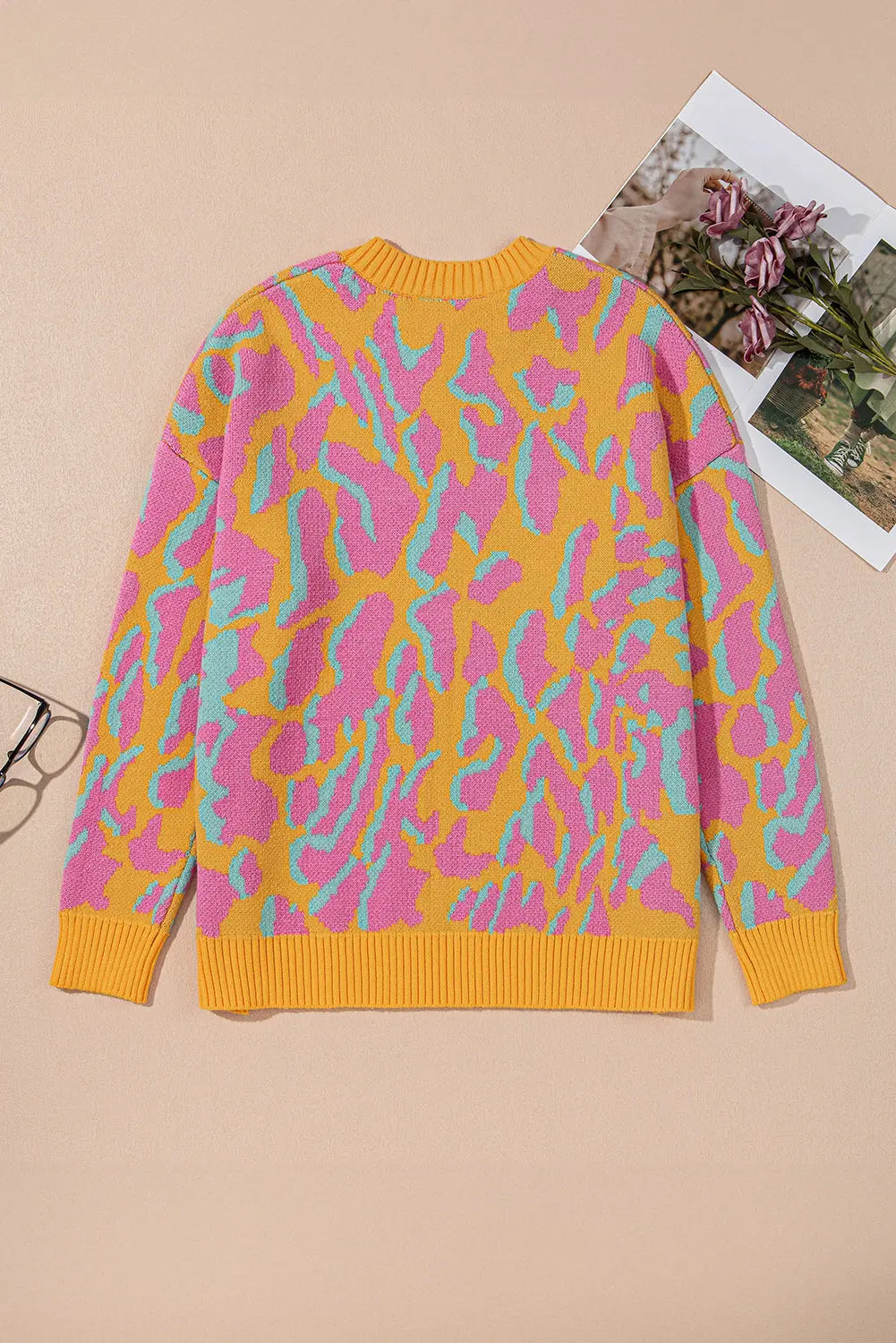Bright Pink Plus Size Leopard Ribbed Trim Sweater Beagle Boutique Fashion Outlet