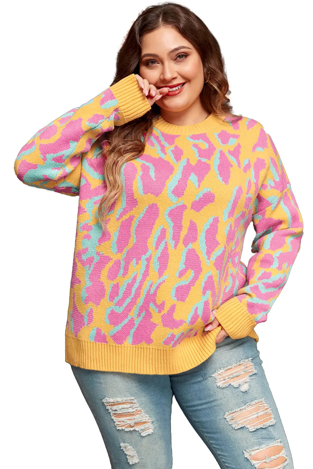 Bright Pink Plus Size Leopard Ribbed Trim Sweater Beagle Boutique Fashion Outlet