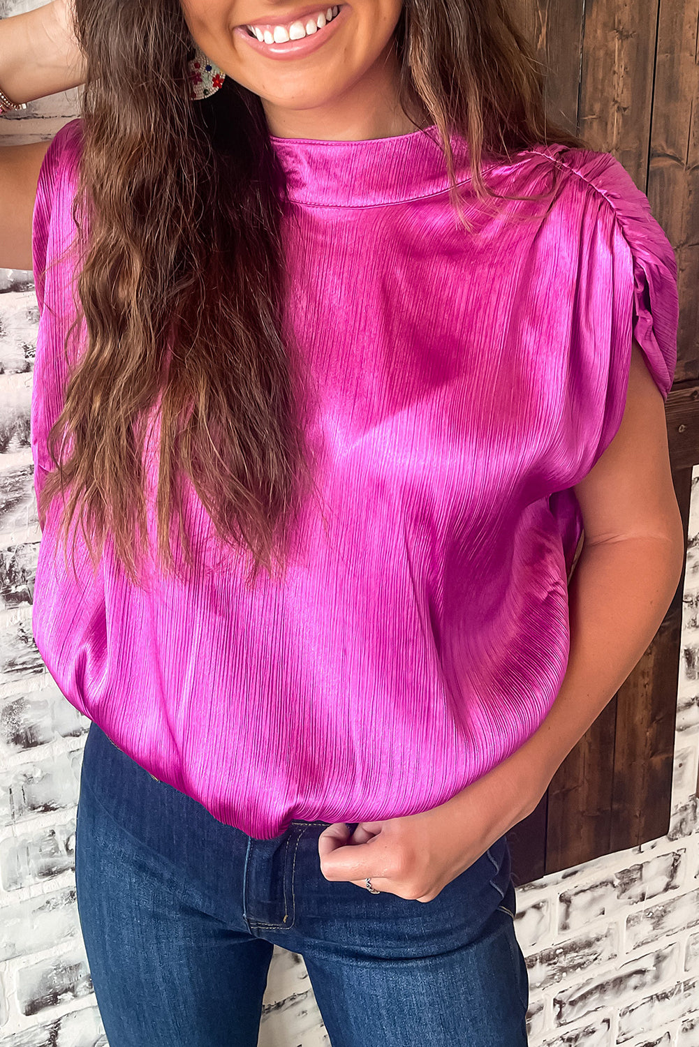 Bright Pink Ruched Sleeves Knotted Backless Blouse - eAura