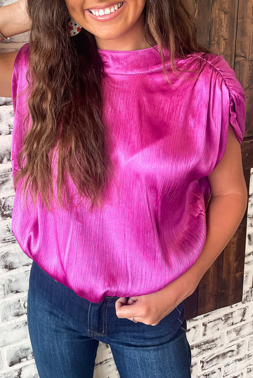 Bright Pink Ruched Sleeves Knotted Backless Blouse - eAura