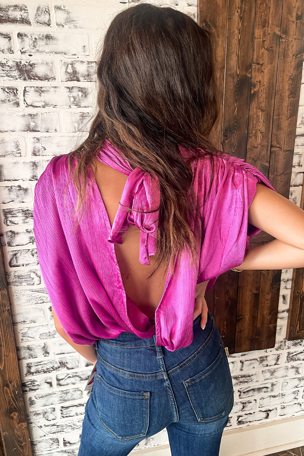 Bright Pink Ruched Sleeves Knotted Backless Blouse - eAura
