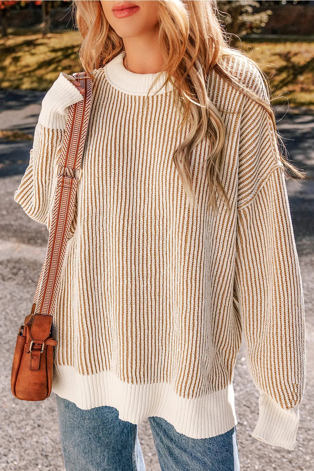 Bright Pink Striped Textured Knit Contrast Edge Loose Sweater eAura