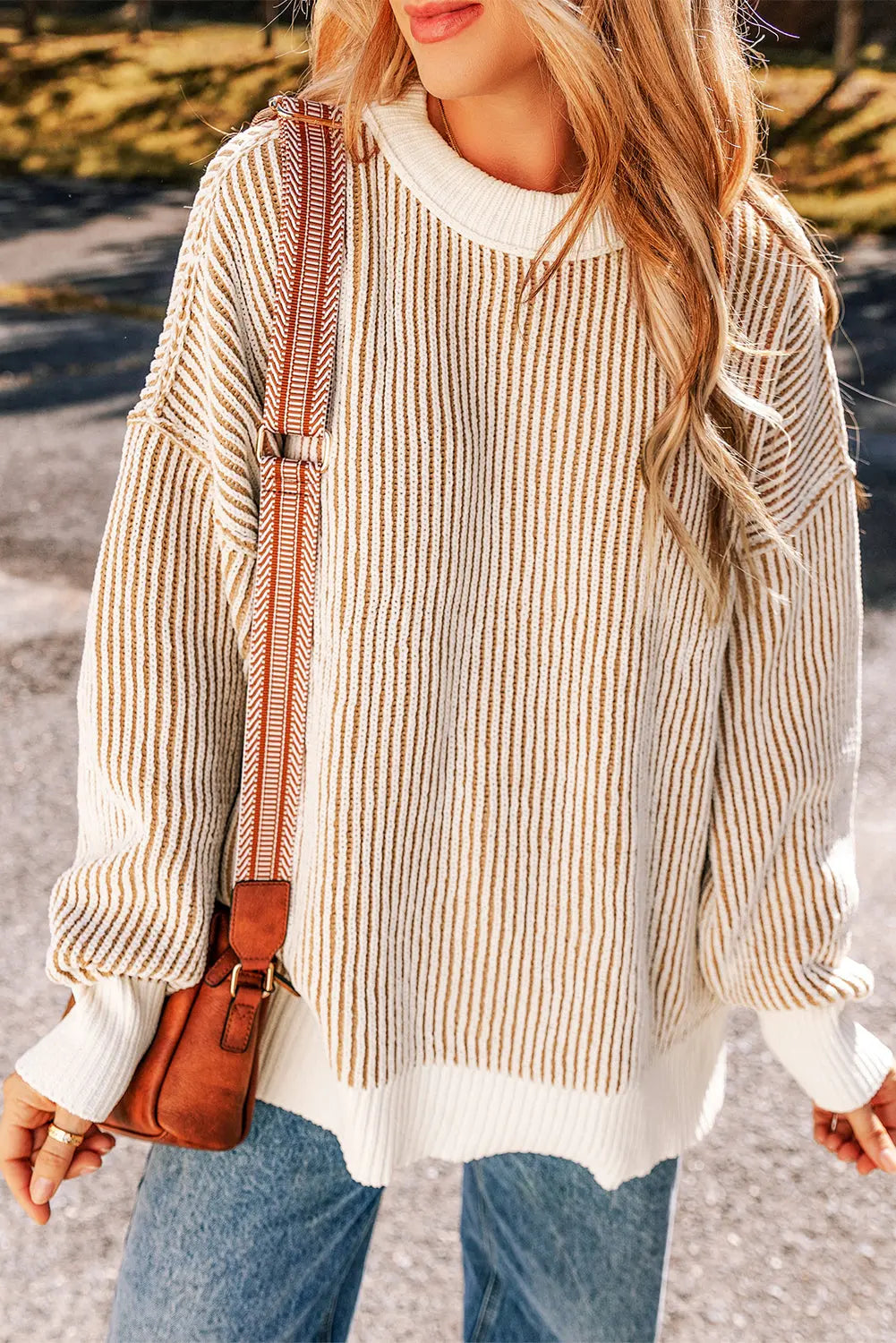 Bright Pink Striped Textured Knit Contrast Edge Loose Sweater eAura