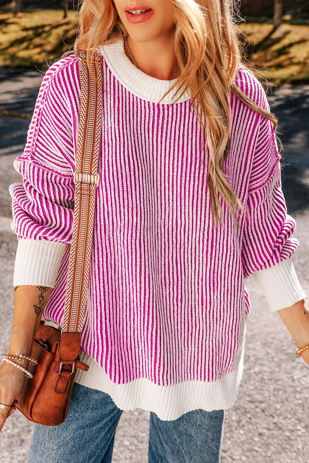 Bright Pink Striped Textured Knit Contrast Edge Loose Sweater eAura
