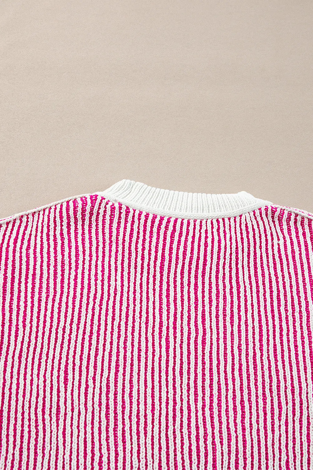 Bright Pink Striped Textured Knit Contrast Edge Loose Sweater eAura