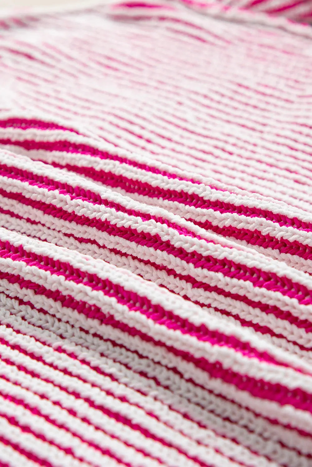 Bright Pink Striped Textured Knit Contrast Edge Loose Sweater eAura
