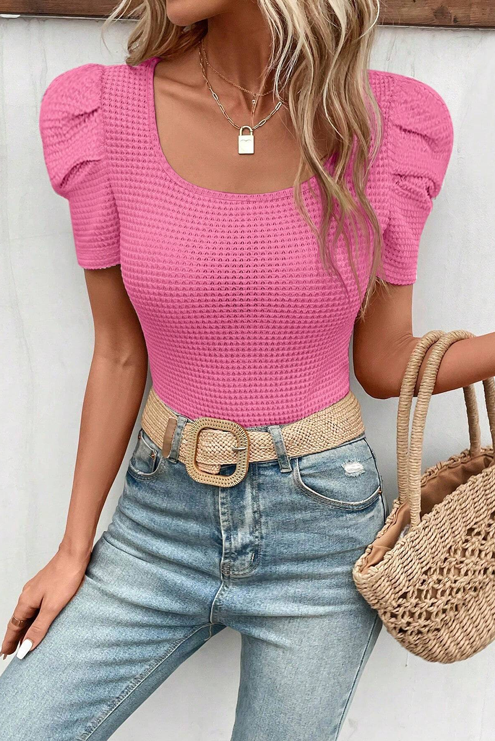 Bright Pink Waffle Knit Ruched Puff Sleeve Top - eAura