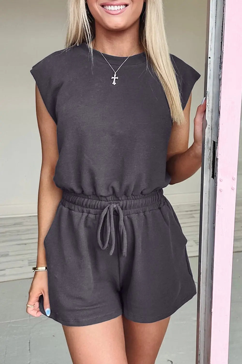 Bristol Black Backless Drawstring Waist Knit Romper - eAura