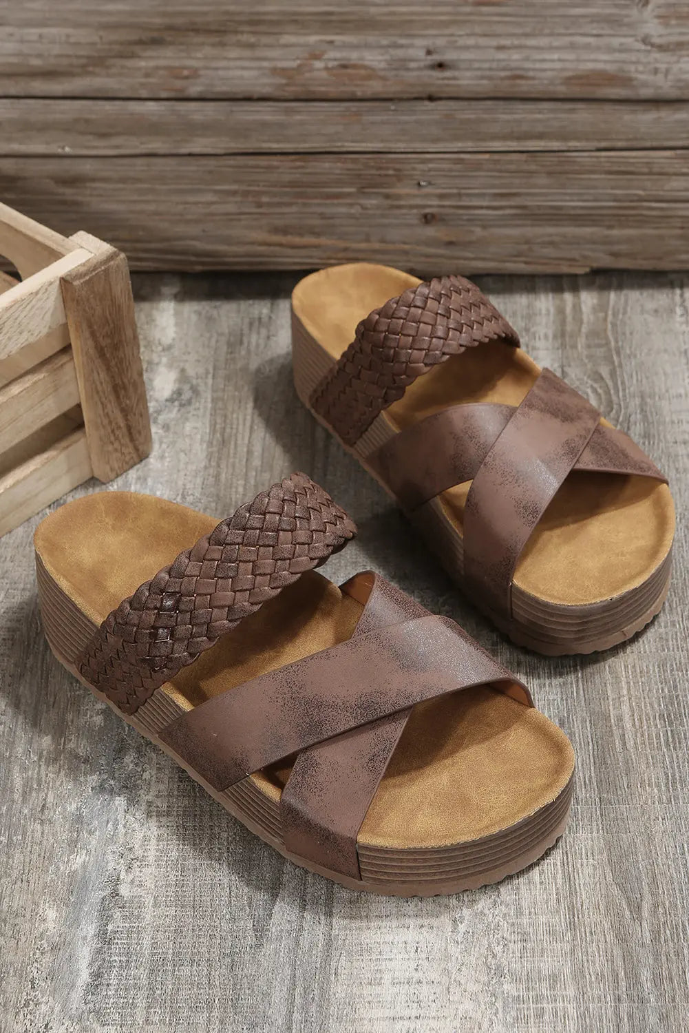Brown Braided Detail Criss Cross Platform Sandals Beagle Boutique Fashion Outlet
