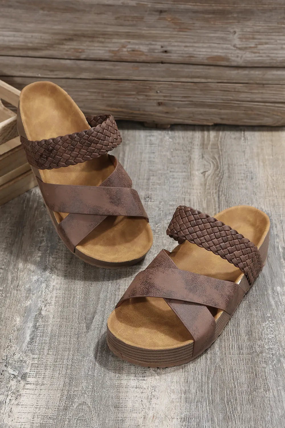 Brown Braided Detail Criss Cross Platform Sandals Beagle Boutique Fashion Outlet