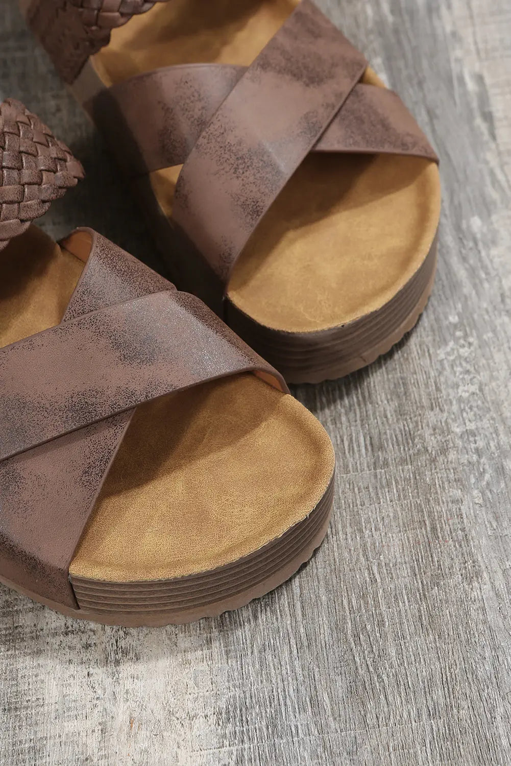Brown Braided Detail Criss Cross Platform Sandals Beagle Boutique Fashion Outlet