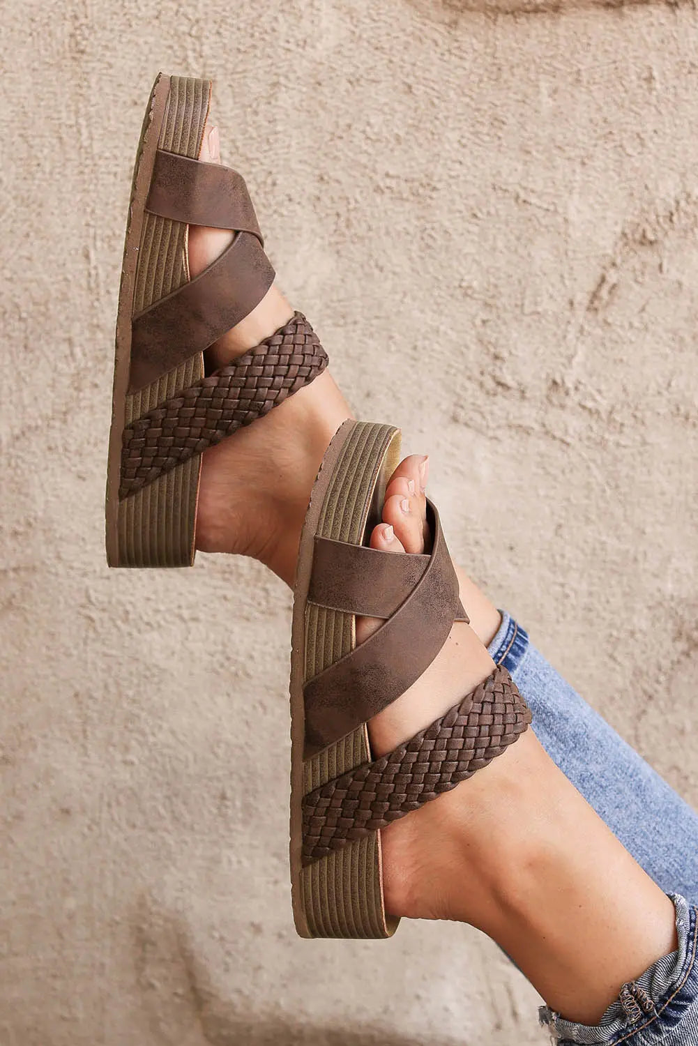 Brown Braided Detail Criss Cross Platform Sandals Beagle Boutique Fashion Outlet