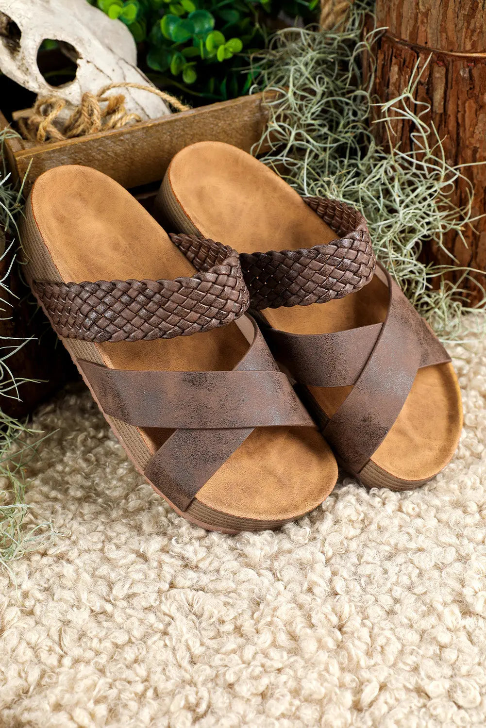 Brown Braided Detail Criss Cross Platform Sandals Beagle Boutique Fashion Outlet