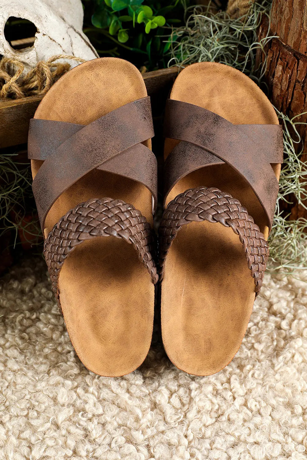 Brown Braided Detail Criss Cross Platform Sandals Beagle Boutique Fashion Outlet