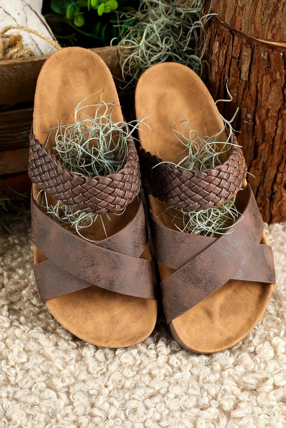 Brown Braided Detail Criss Cross Platform Sandals Beagle Boutique Fashion Outlet