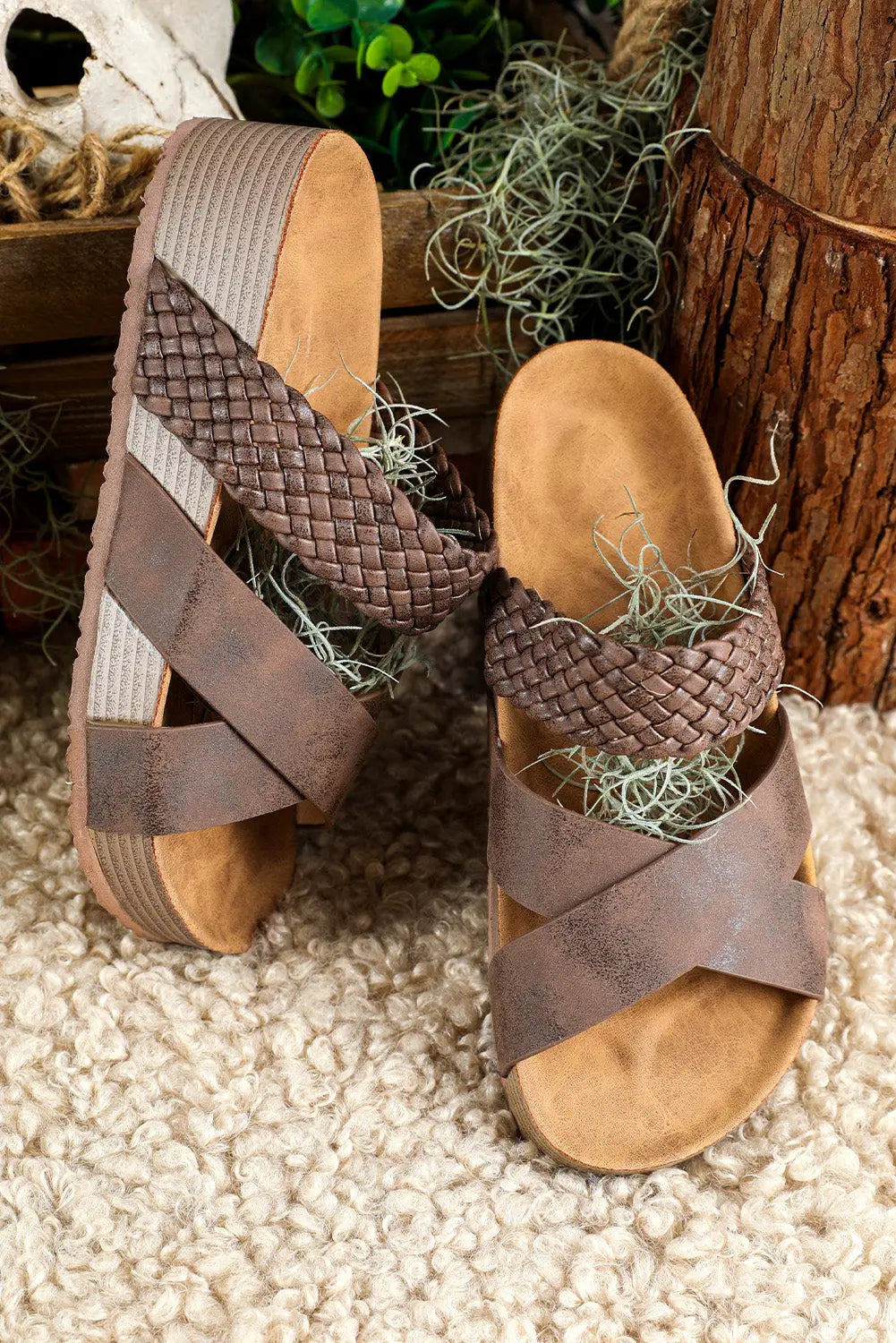 Brown Braided Detail Criss Cross Platform Sandals Beagle Boutique Fashion Outlet