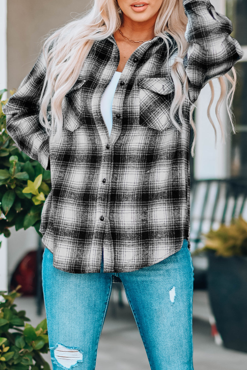 Brown Buttons Pocketed Plaid Shacket - eAura