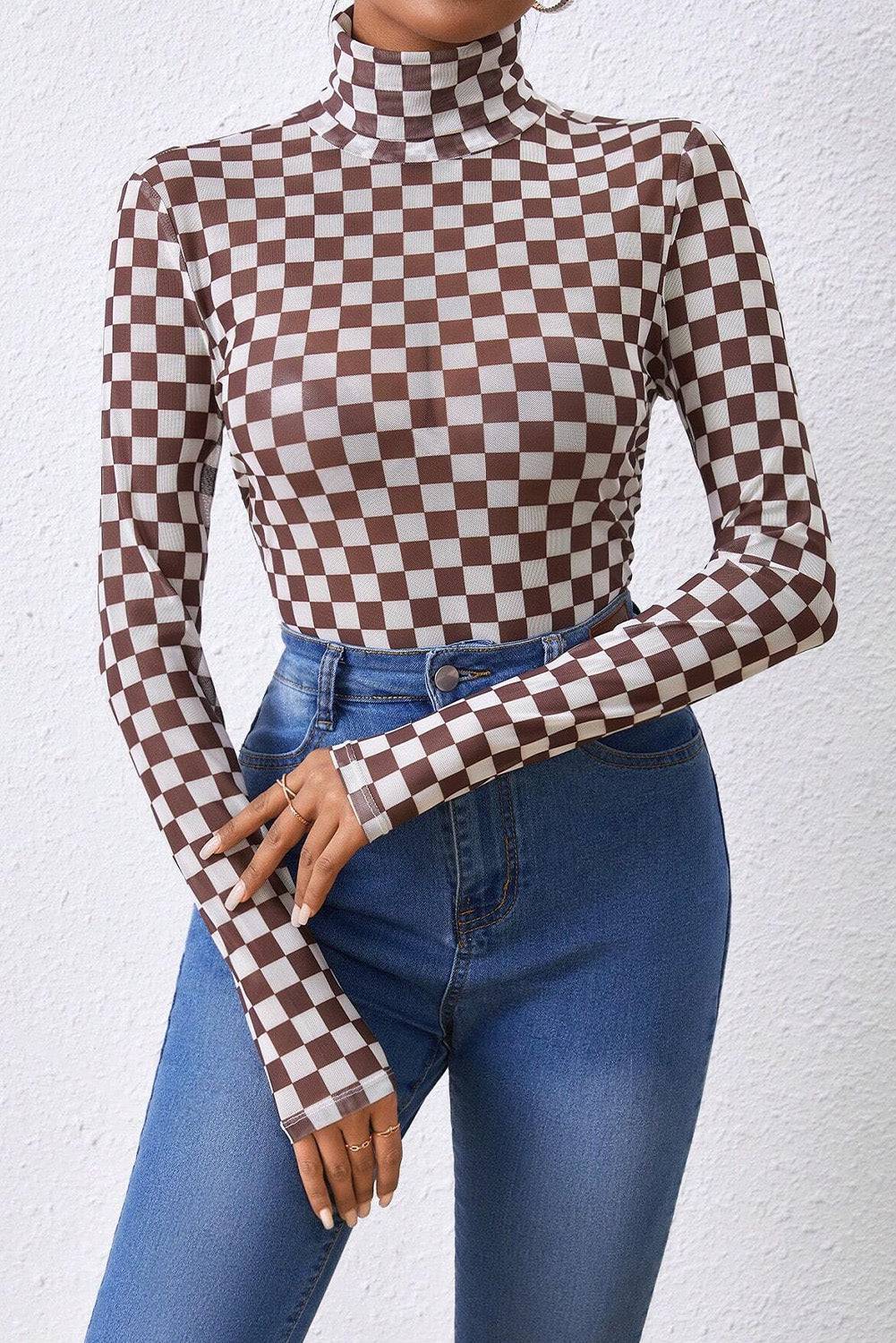 Brown Checkered Printed Long Sleeve High Neck Bodysuit - BB Fashion Outlet