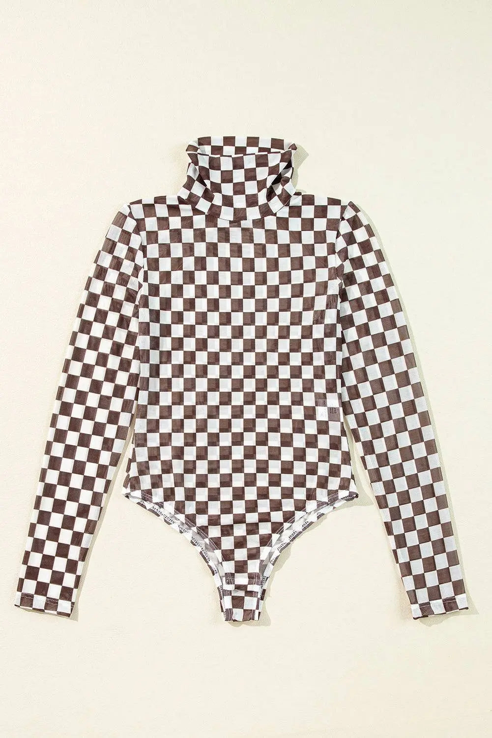 Brown Checkered Printed Long Sleeve High Neck Bodysuit - BB Fashion Outlet