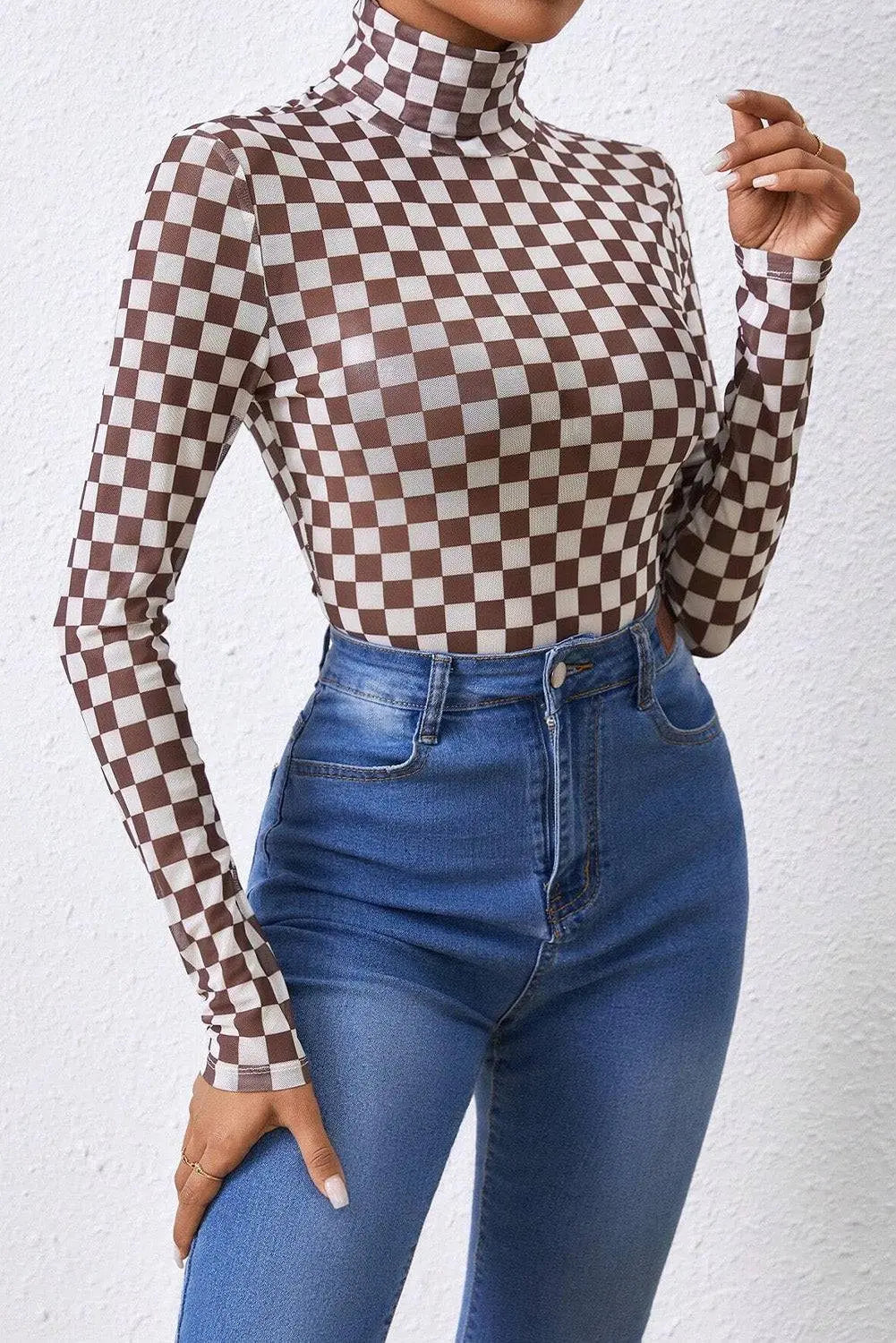 Brown Checkered Printed Long Sleeve High Neck Bodysuit - BB Fashion Outlet