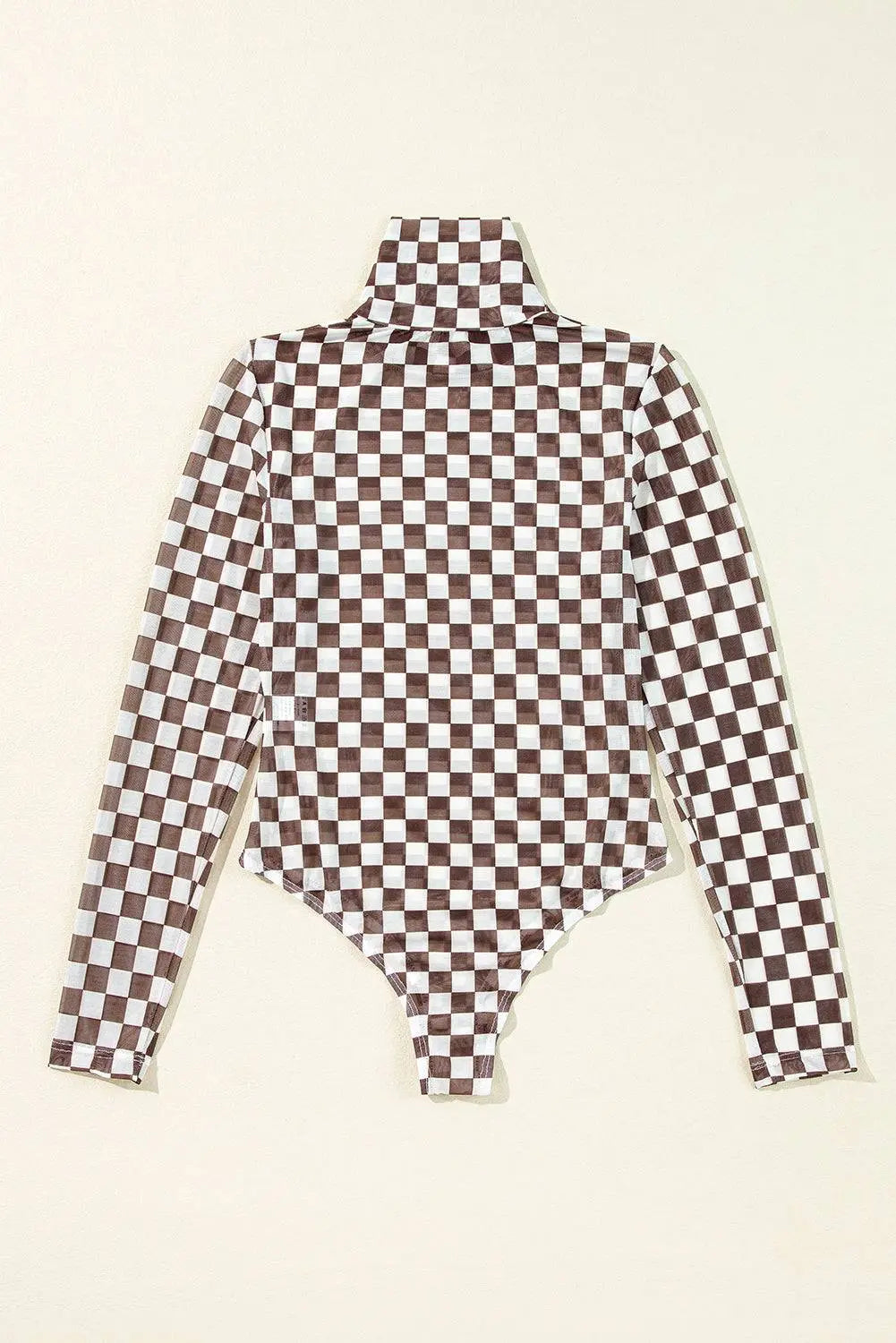 Brown Checkered Printed Long Sleeve High Neck Bodysuit - BB Fashion Outlet
