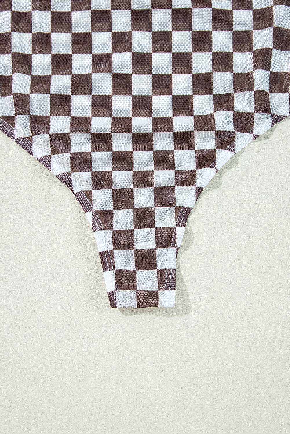 Brown Checkered Printed Long Sleeve High Neck Bodysuit - BB Fashion Outlet