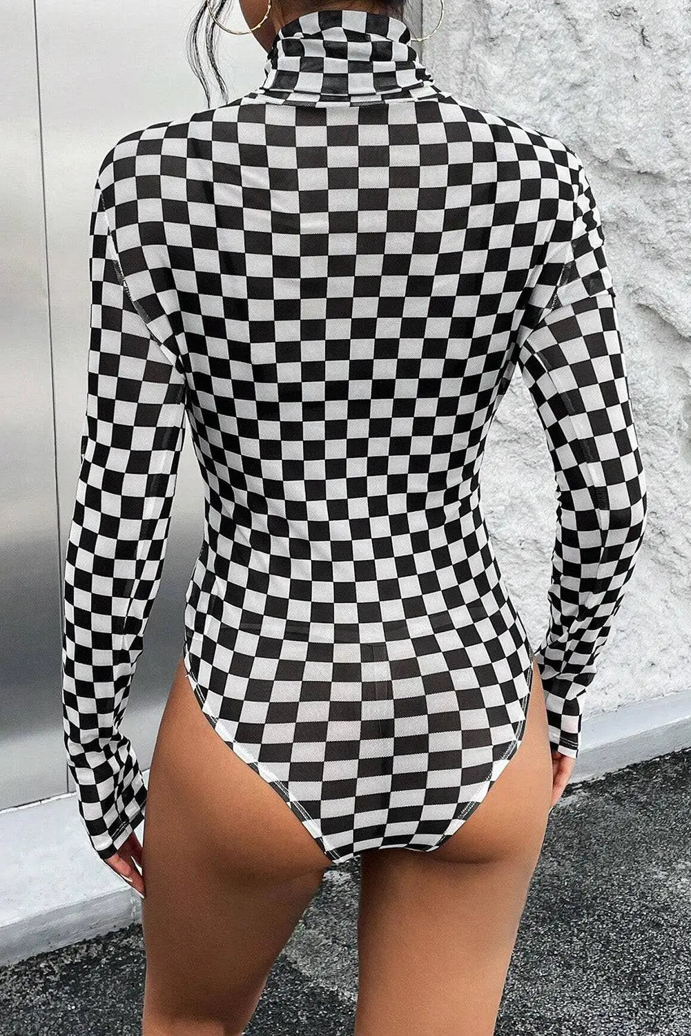 Brown Checkered Printed Long Sleeve High Neck Bodysuit - BB Fashion Outlet
