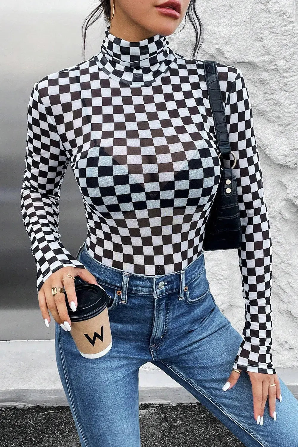 Brown Checkered Printed Long Sleeve High Neck Bodysuit - BB Fashion Outlet