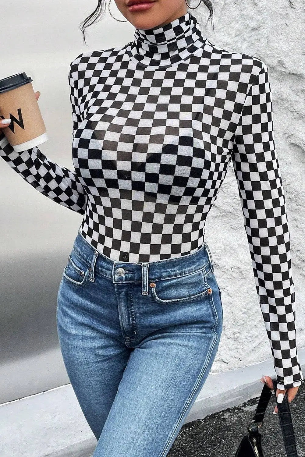 Brown Checkered Printed Long Sleeve High Neck Bodysuit - BB Fashion Outlet