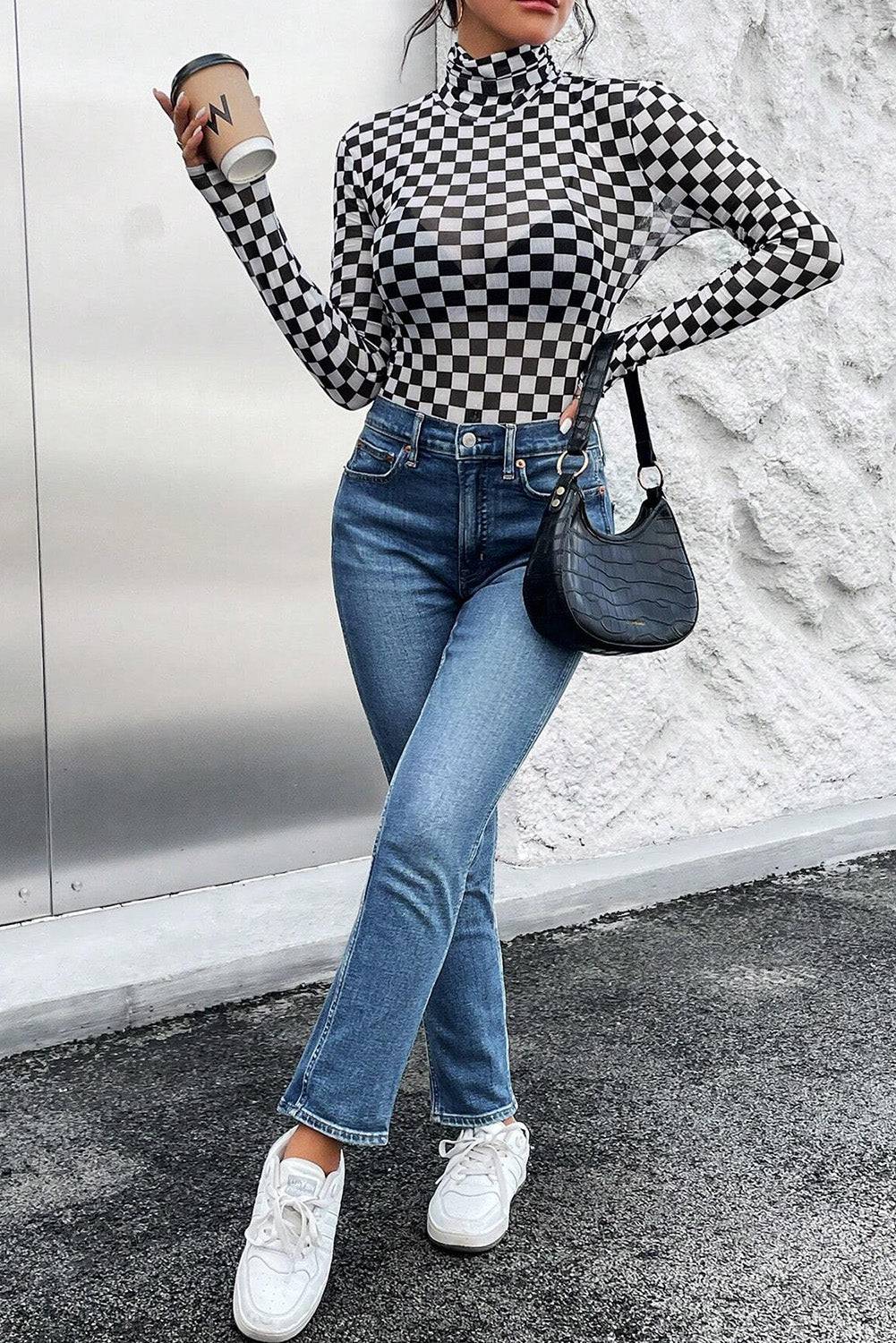 Brown Checkered Printed Long Sleeve High Neck Bodysuit - BB Fashion Outlet