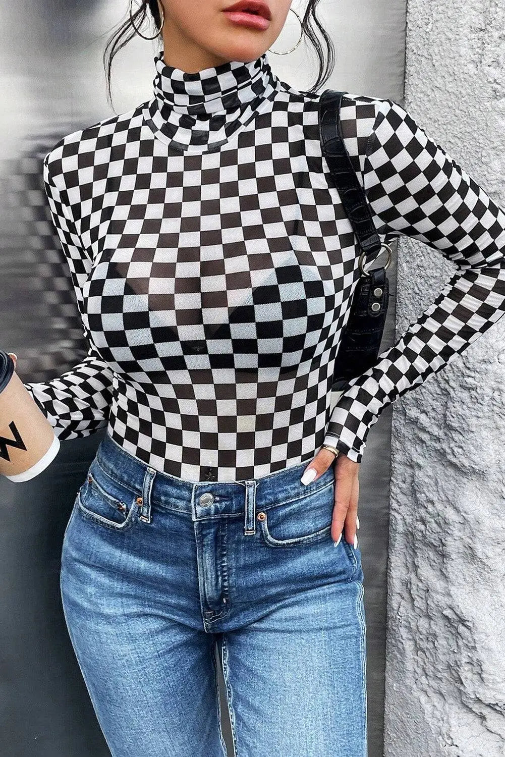 Brown Checkered Printed Long Sleeve High Neck Bodysuit - BB Fashion Outlet
