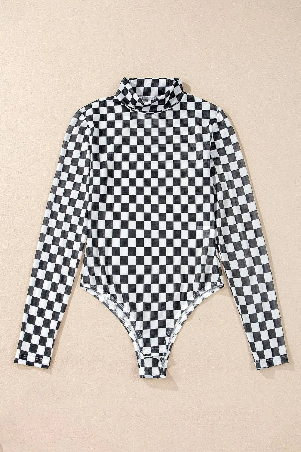 Brown Checkered Printed Long Sleeve High Neck Bodysuit - BB Fashion Outlet