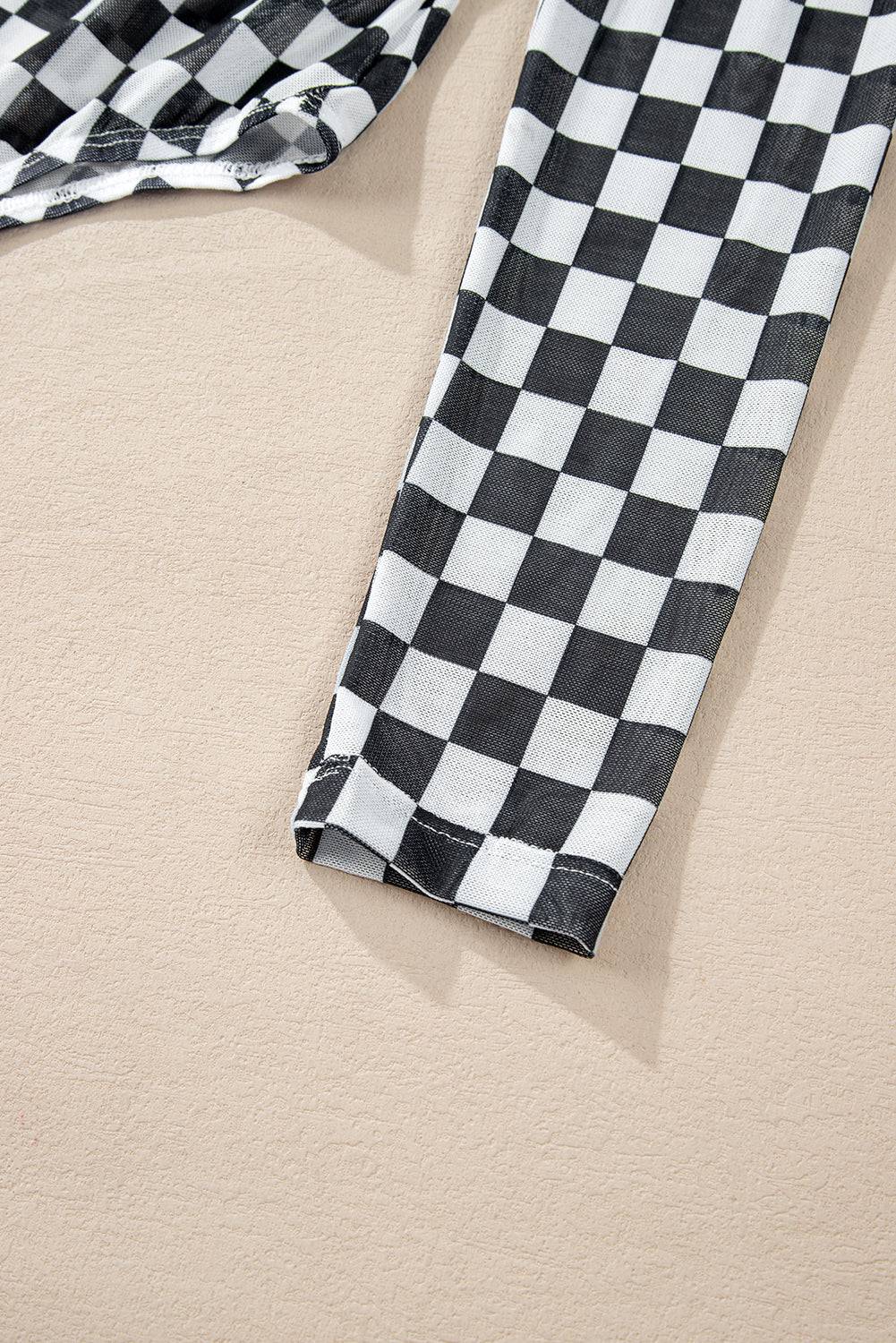 Brown Checkered Printed Long Sleeve High Neck Bodysuit - BB Fashion Outlet