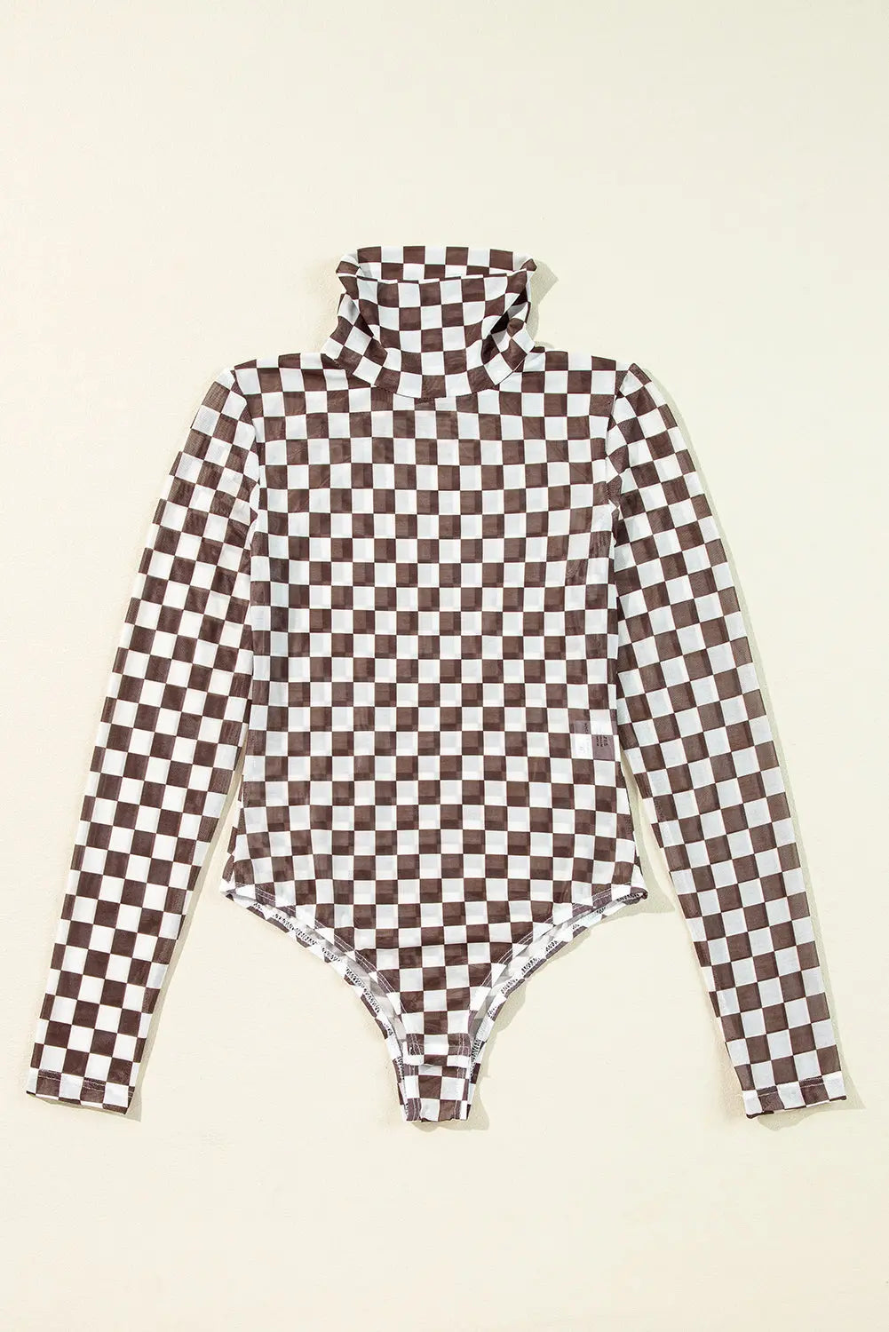 Brown Checkered Printed Long Sleeve High Neck Bodysuit - eAura
