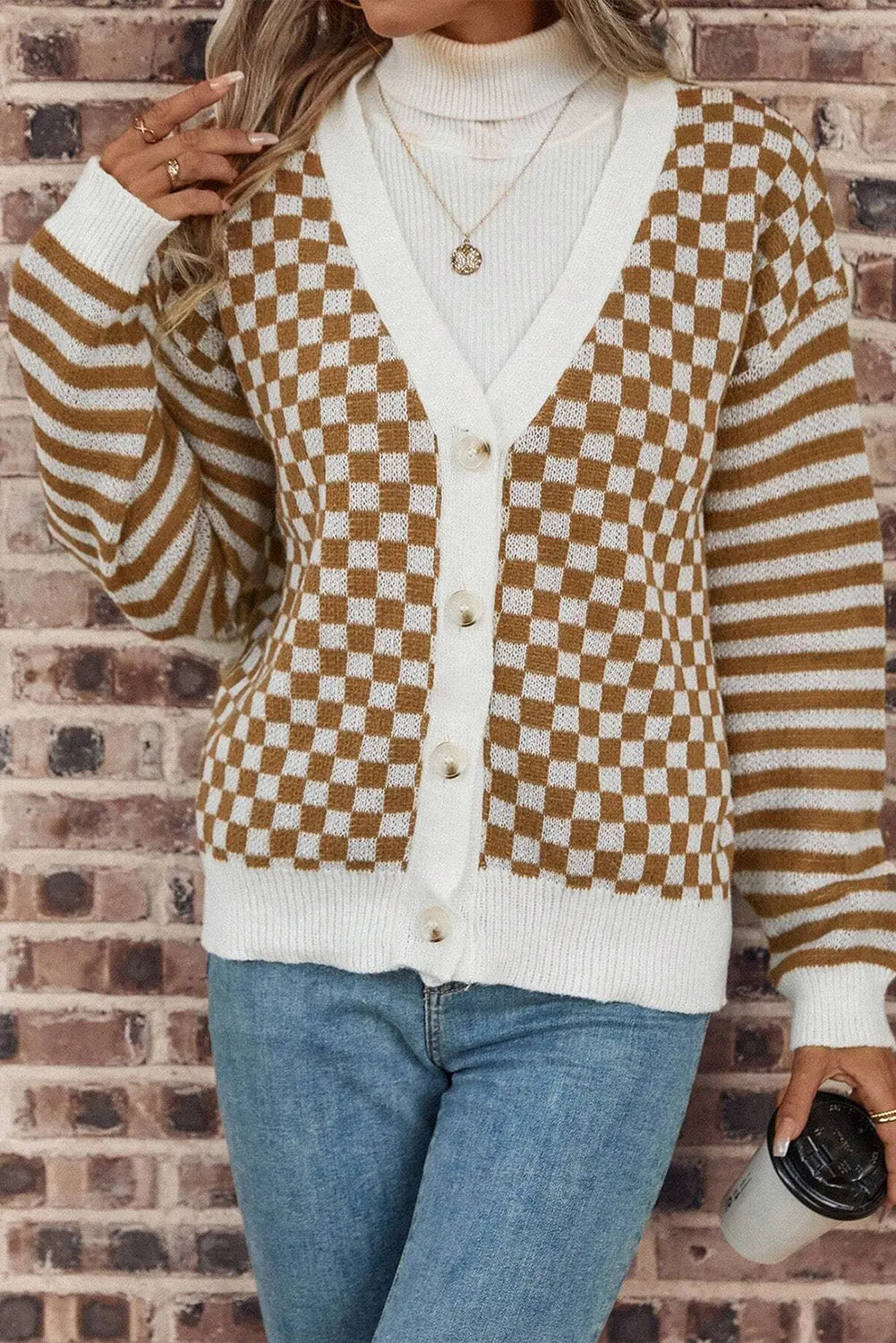 Brown Checkered Striped Patched Buttoned V Neck Cardigan - eAura