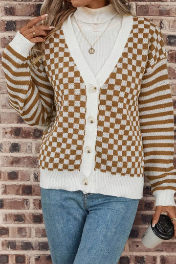 Brown Checkered Striped Patched Buttoned V Neck Cardigan - eAura
