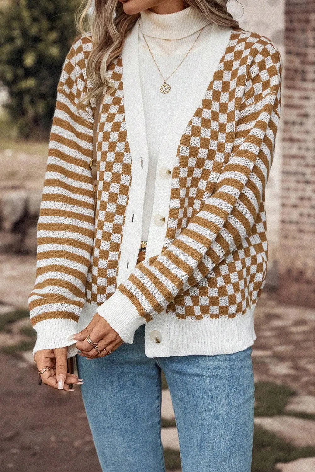 Brown Checkered Striped Patched Buttoned V Neck Cardigan - eAura