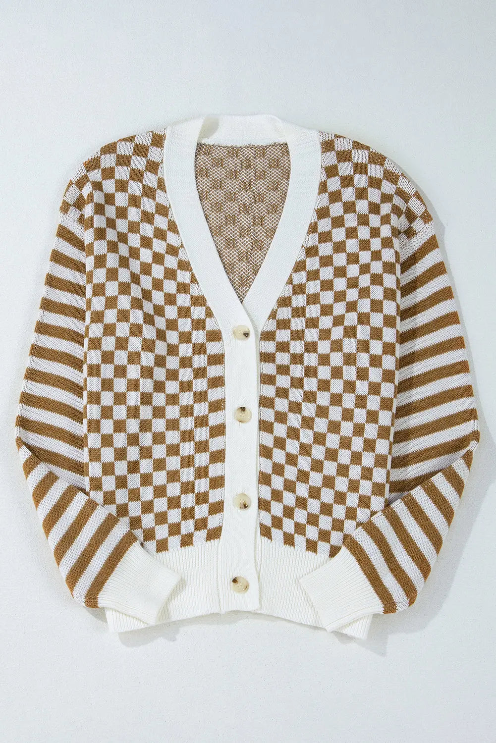 Brown Checkered Striped Patched Buttoned V Neck Cardigan - eAura