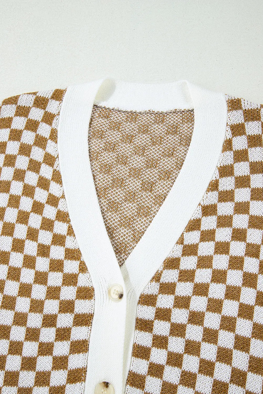 Brown Checkered Striped Patched Buttoned V Neck Cardigan - eAura