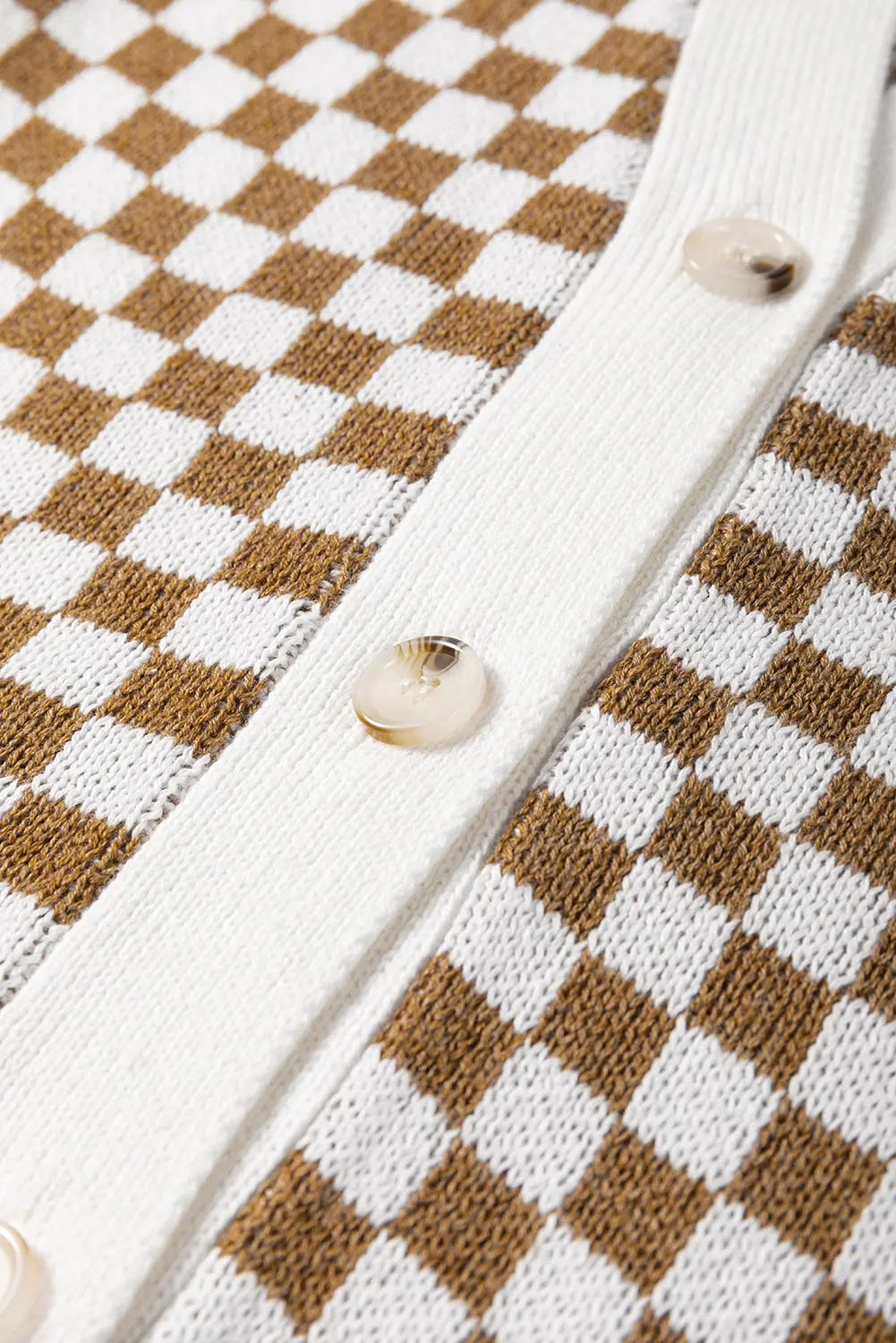 Brown Checkered Striped Patched Buttoned V Neck Cardigan - eAura