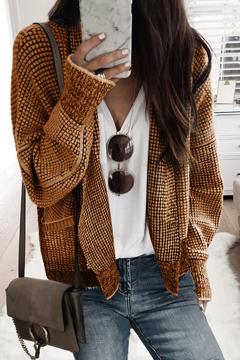 Brown Chunky Waffle Knit Oversized Collar Cardigan - eAura