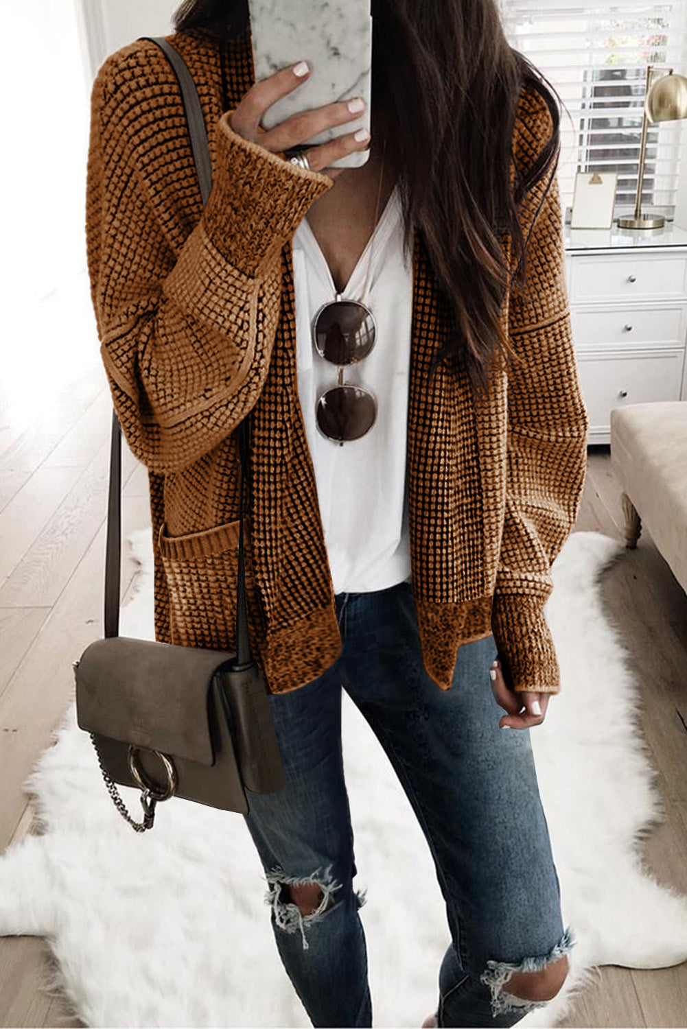 Brown Chunky Waffle Knit Oversized Collar Cardigan - eAura