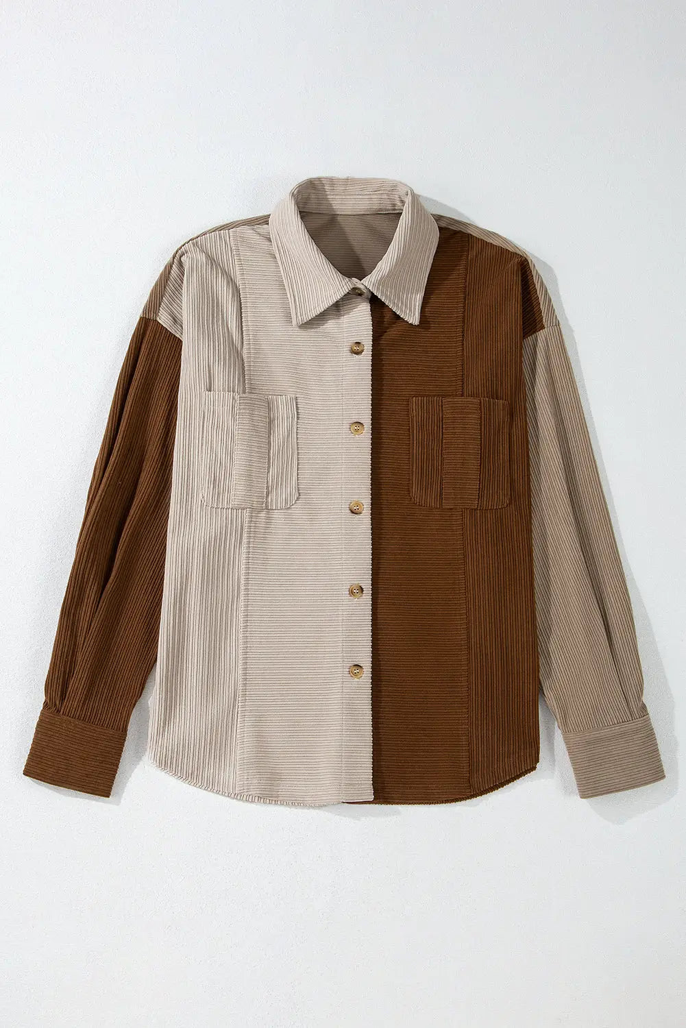 Brown Colour Block Chest Pockets Buttoned Corduroy Shacket - eAura