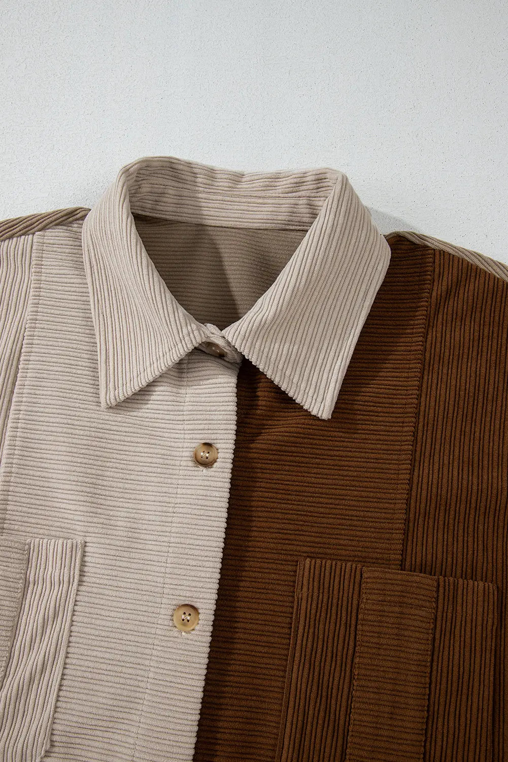 Brown Colour Block Chest Pockets Buttoned Corduroy Shacket - eAura