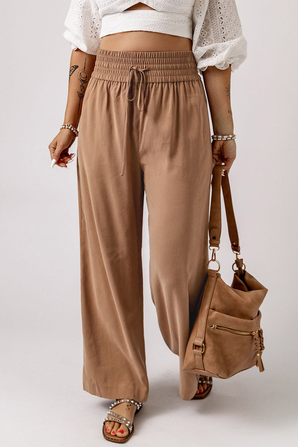 Brown Drawstring Elastic Waist Casual Wide Leg Trousers - eAura